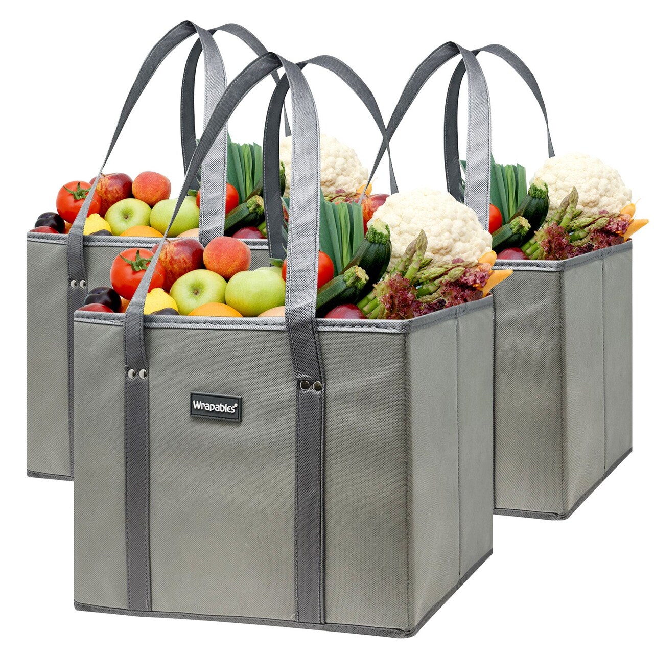Wrapables 3Pk Reusable Grocery Bags, Heavy Duty Large Foldable Storage Shopping Totes with Reinforced Handles, Gray